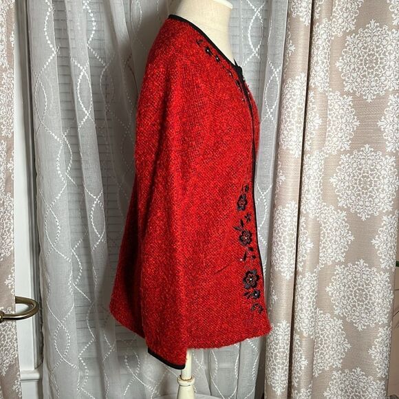 Cathy Daniels Red Cardigan Sweater with Embroidered Floral Detail – Size Medium - Picture 5 of 8